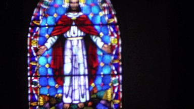 1962: beautiful colourful church altar window with jesus iconography, in honor