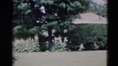 1951: panning view of green lawn and bungalow style home against a blue sky