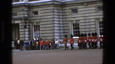 1969: formal marching of the guards is watched by many at windsor castle.