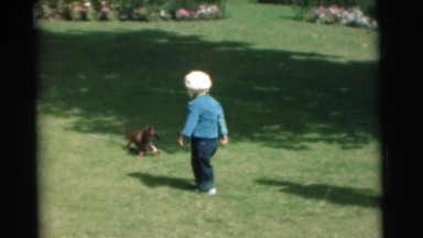 1951: a toddler and a dog playing out on the lawn CHATHAM, NEW JERSEY
