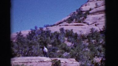 1968: lonely man walking over a hilly area with sparse forest COTTONWOOD,