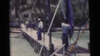 1956: men on a wooden fishing dock inspecting their large catch of the day