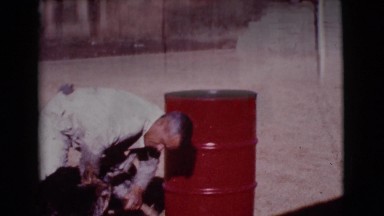 1968: Man in Tan Uniform Washing Big Dog Outside in Cottonwood, Arizona
