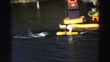 1969: dolphin pulling monkey on a surfboard YOSEMITE, CALIFORNIA