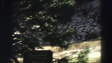 1969: a massive rock cliff on the side of a mountain as seen through pine trees
