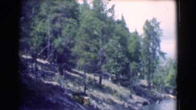 1951: shot of mountain forest next to a lake. CANADA