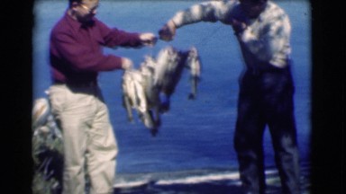 1951: two men showing off lots of big fishes they caught at lake on bright sunny