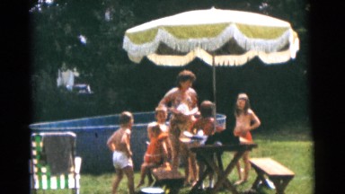 1963: a picnic in a garden area is seen CAMDEN, NEW JERSEY