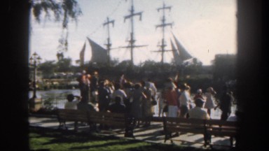 1962: pirate boat sailing while families enjoy the view SAN PEDRO, CALIFORNIA