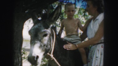 1958: a kid is seen sitting on a donkey AMES, IOWA