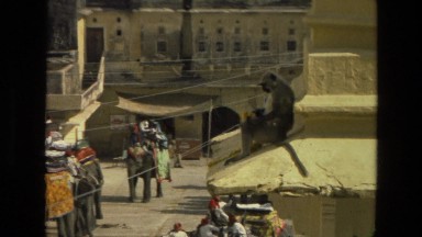 1974: a historic stone structure with a monkey perched on the rooftop INDIA
