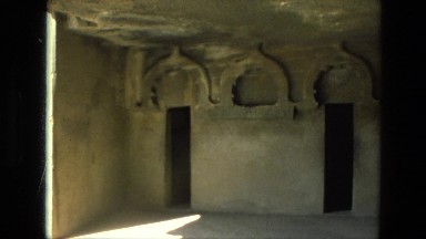 1974: indoor of an old building showing reliefs and moldings on its walls INDIA
