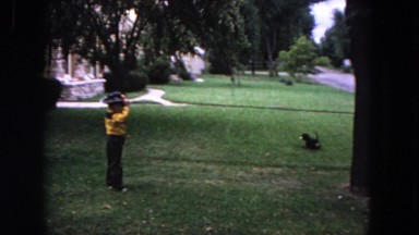 1964: a little child playing with his dog in the front yard in a sunny day