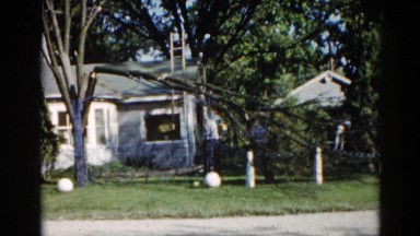 1962: a man in the front yard with a saw, jumping up and down attempting to cut