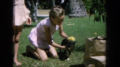 1964: girls at play in the garden on a sunny day with the dog HAWAII