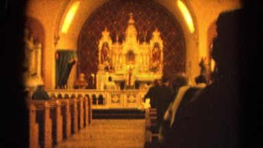 1964: A Church Area with White Statue in Racine, Wisconsin