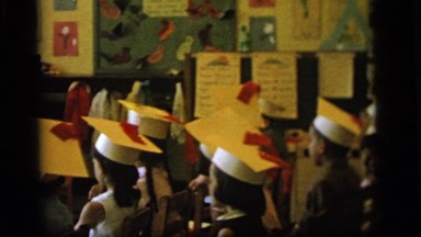 1964: little boys performing a skit in an elementary school classroom