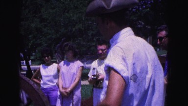 1964: us revolutionary war reenactor loading cannon front muzzle black powder