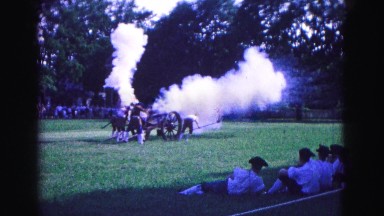 1964: us revolutionary war reenactors fires canon push war explosion
