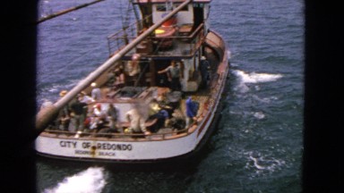 1963: commercial fishing boat heading out of port busy with men working