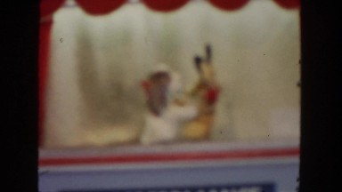 1962: puppet show dog animal wrestling cat on stage SAN PEDRO, CALIFORNIA