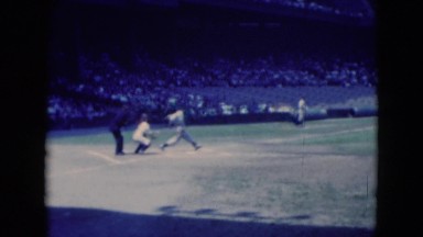 1949: major league baseball game hitter swings and pops up catcher gets out