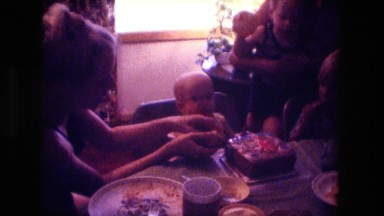 1974: baby first birthday party big chocolate cake dessert FORT WAYNE, INDIANA