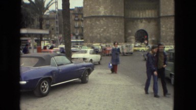 1978: touring european style castle city wall entrance automobile traffic FRANCE