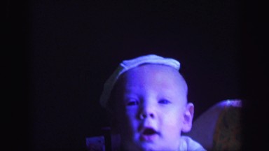 1972: cool baby wearing hip white hat homemade knitting cotton fabric LYNBROOK
