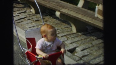 1972: little boy in his red stroller LYNBROOK, NEW YORK