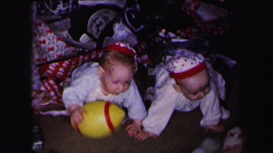 1972: twin baby brothers dressed identically xmas tree crawling LYNBROOK