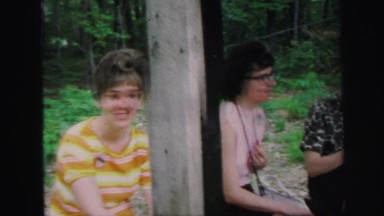1972: people outdoors on wooden bench in the woods LYNBROOK, NEW YORK