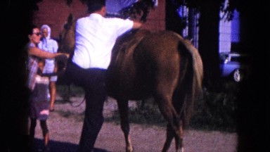 1960: a man attempting to climb up on a horse FLORIDA
