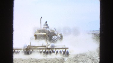 1965: a man is tilling very dry, stony, and dusty ground