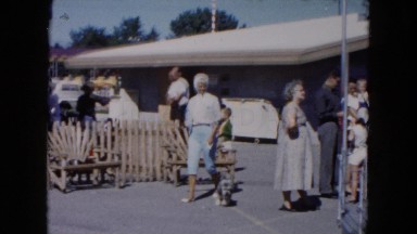 1961: an elegant lady strolling across the pavement with a pet MICHIGAN