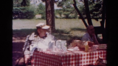 1954: outdoor party walking garden play enjoyment talking family OHIO