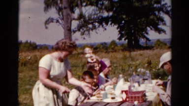 1962: a family is gathered for a picnic with many children food and refreshments