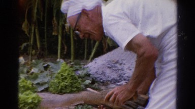 1962: a man dressed profession collecting firewood near trees stones boy passes