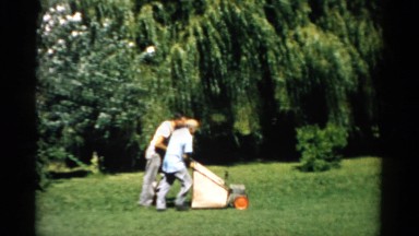 1957: the two capable elderly men test out the mowing equipment CATSKILL