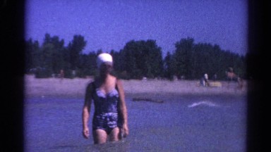 1962: beach water swimming bikini walking person blue CATSKILL, NEW YORK