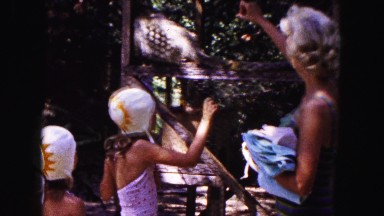 1961: a blonde haired mother and her two daughters feed a caged monkey MINNESOTA
