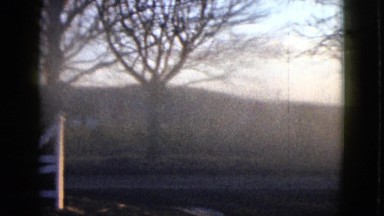 1958: a bright foggy meadow and smoky hillside as seen from over a fence NEVADA