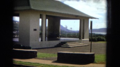 1967: a panoramic view of an outdoor chapel with views of a mountain HAWAII