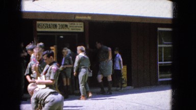 1965: a boy scout troop gathered about outdoor a building CALIFORNIA