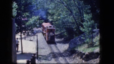 1965: train travels through a forest CALIFORNIA
