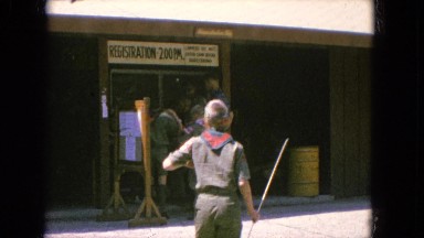 1965: boy scouts registering at camp with camping and fishing gear CALIFORNIA