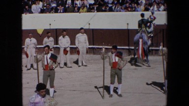 1971: riders are showing off their horsemanship at a bullfighting arena