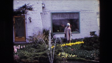1967: a woman outdoor with gardening gloves admiring her flowers AMSTERDAM