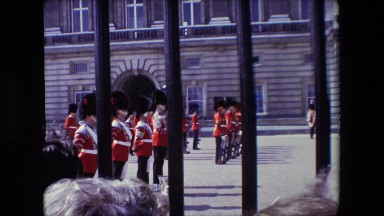 1969: british guards with guns lined up in formation LONDON, ENGLAND
