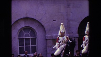1967: men in elaborate uniforms on horses in a courtyard LONDON ENGLAND